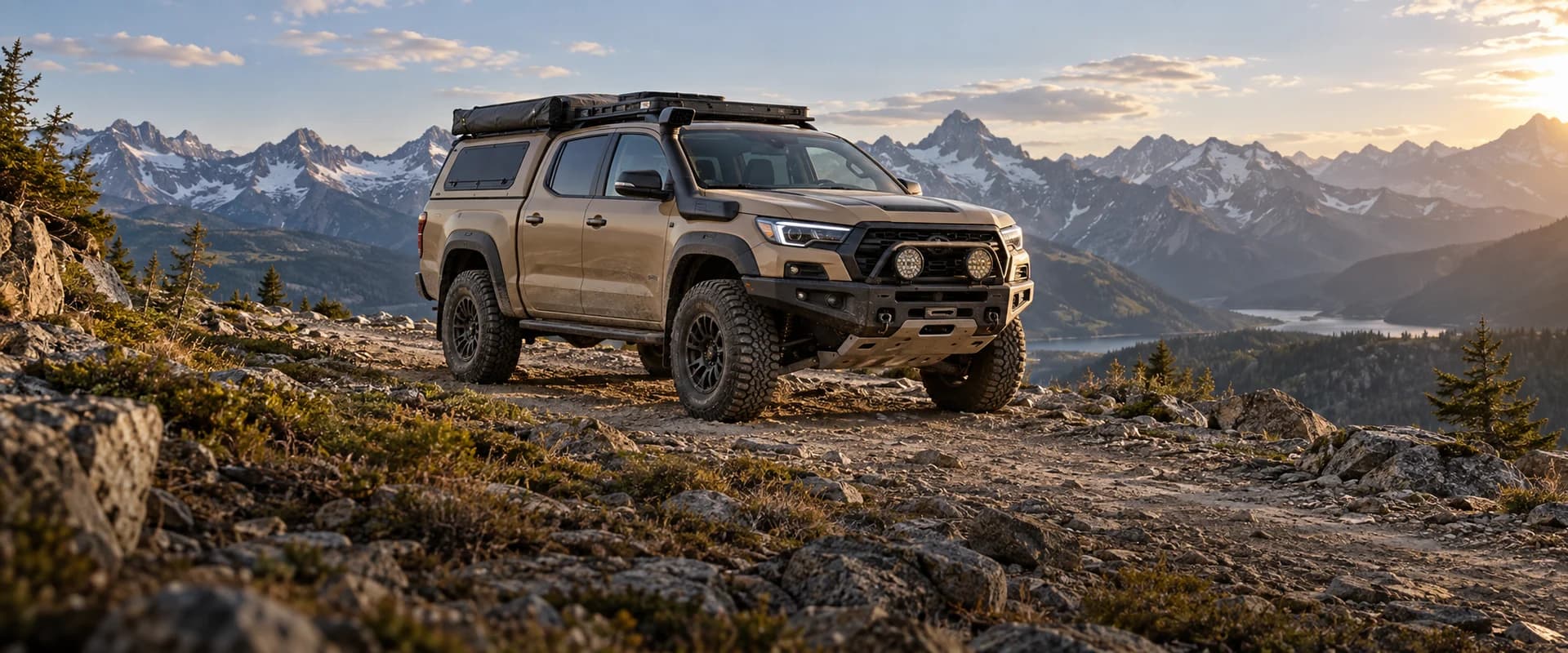 Off-road pickup on a high alpine trail