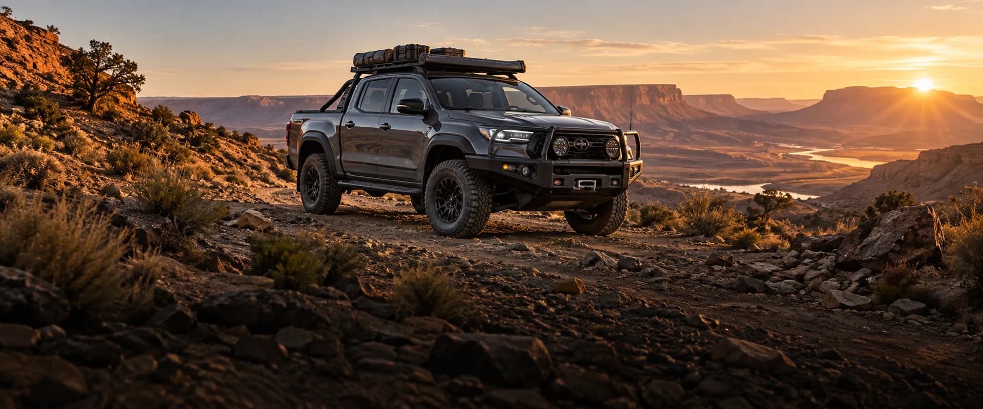Off-road pickup on a rocky desert trail