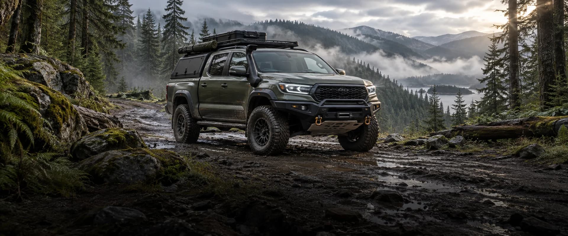 Overlanding pickup on a forest track